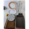 Image 2 : Kitchen Lot- Glass Beverage Dispenser, (7) Plates, Baking Pans, Misc.