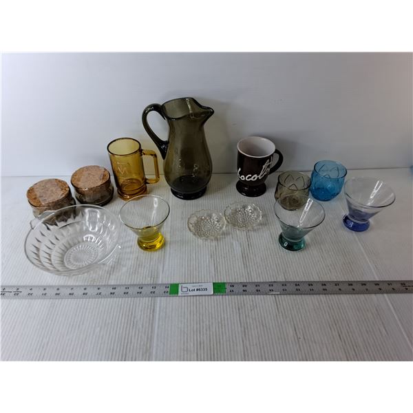 Dish Lot- Glass Pitcher, Martini Glasses, Mug, Misc.