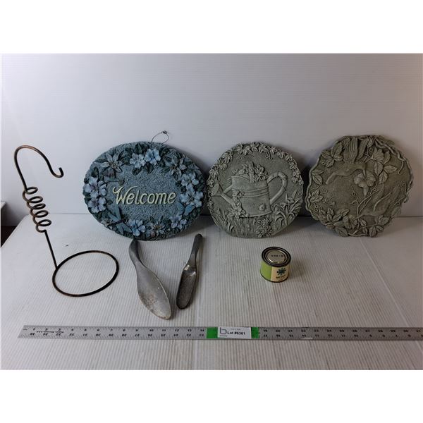 (3) Outdoor Hanging Signs, Gold Paint, (2) Trowels, Plant Hanger