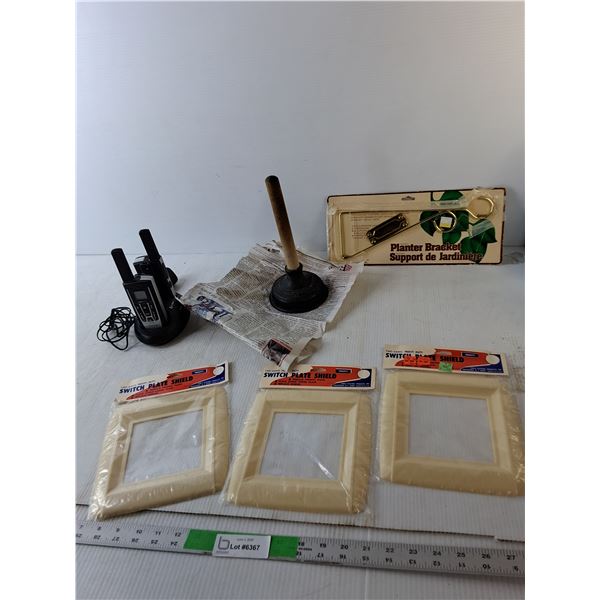 Planter Bracket, (3) Switch Plate Shields, Cobra Walkie Talkies- Charger Powers On, Mini Plunger