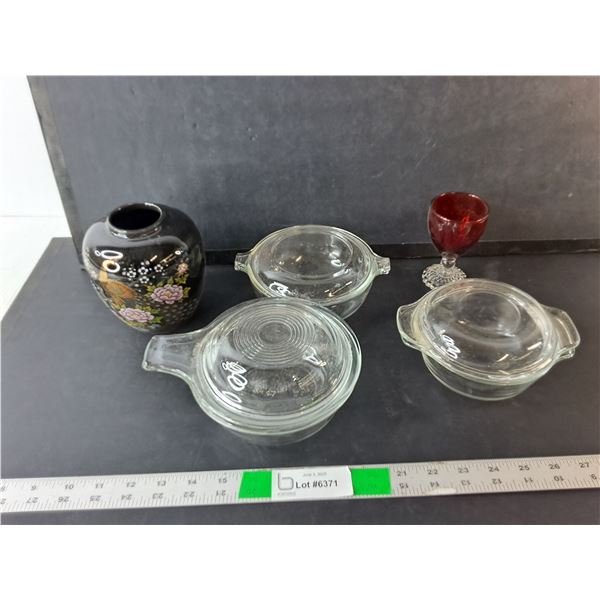 (3) Pyrex/Anchor Hocking Containers with Lids, Decorative Pot, Wine Glass