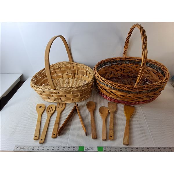 (2) Woven Baskets, (8) Wooden Utensils