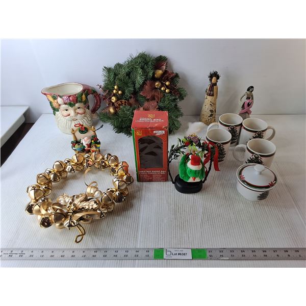 Christmas Decor Lot- (2) Wreaths, (4) Mugs, Singing Bird- As Is, Misc.
