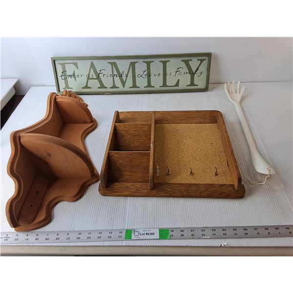 (2) Wooden Wall Shelves, Family Sign, Back Scratcher