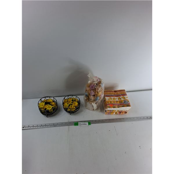 (2) Flower Ornaments, Egg Tree, (4) Packs Of Napkins