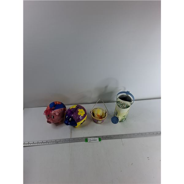 Assorted Items - (2) Ceramic Piggy Banks, Decorative Ceramic Basket, Decorative Metal Watering Cans