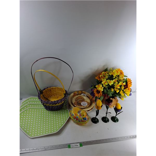Assorted Items - (2) Weave Baskets, (4) Plastic Placemats, (4) Packs Of Paper Plates, Misc