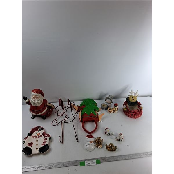 Assorted Christmas Items - Decorative Santa, (2) Christmas Door Hangars, (4) Candle Holders, Misc