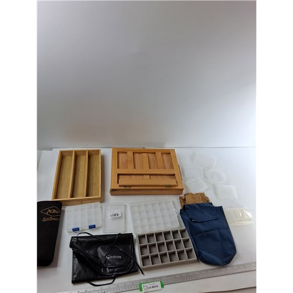 Assorted Items - (2) Wooden Containers, Plastic Containers, Cloth Bag, Misc