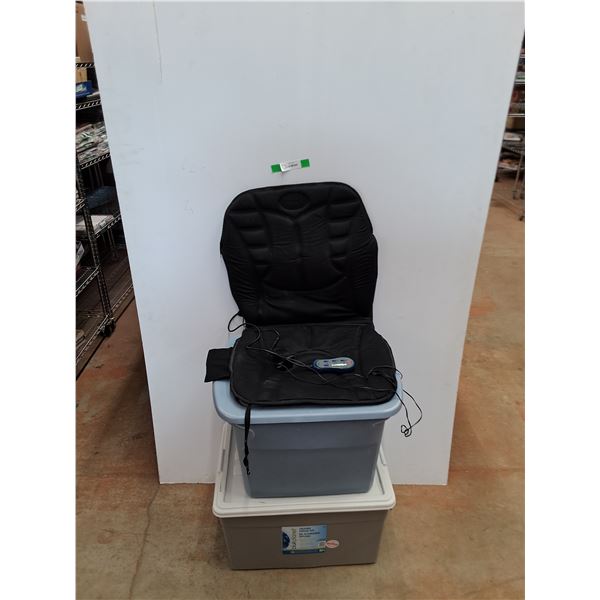 (2) Storage Totes And Posture Perfect Massage Cushion - As Is - CANNOT SHIP