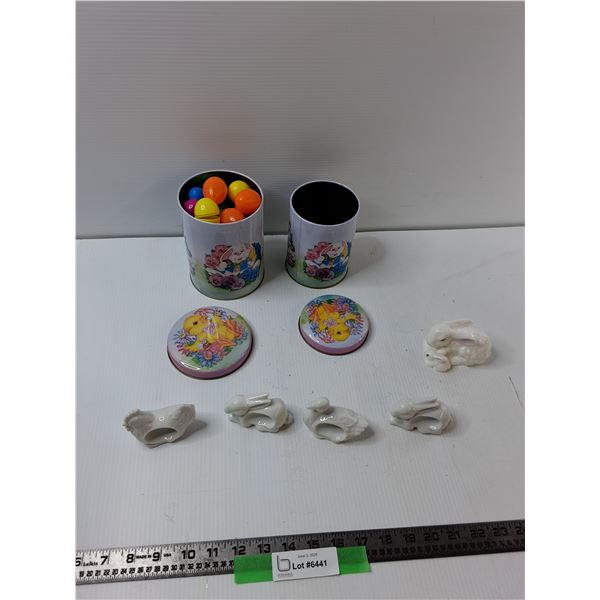 (2) Easter Tins, Plastic Easter Eggs, (4) Porcelain Napkin Holders, Decorative Rabbit