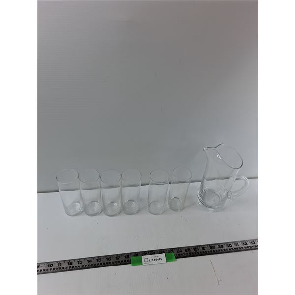(6) Glass Cups, (1) Glass Water Jug