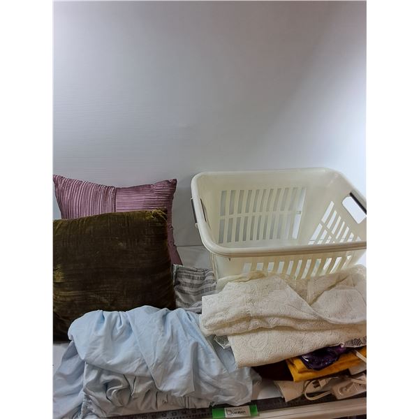 Assorted Items- Laundry Basket, (2) Pillows , Pillowcases, Misc