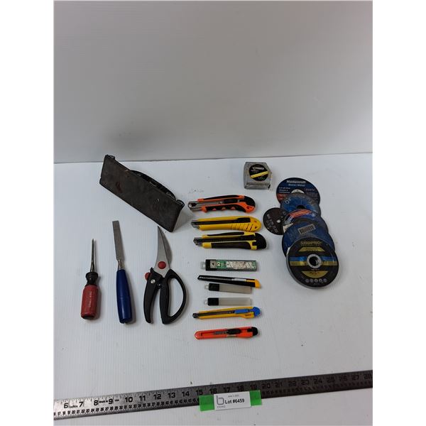 Assorted Items - Exacto knifes, Chisels, Measuring Tape, Misc
