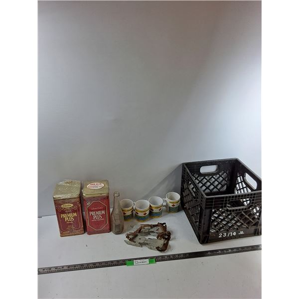 Assorted Items - (2) Cracker Tins, (4) Mugs, Misc