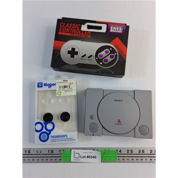 Classic Controller For Super NES, PS4 Thumb Grips and Miniature Sony PS1 Console - As Is