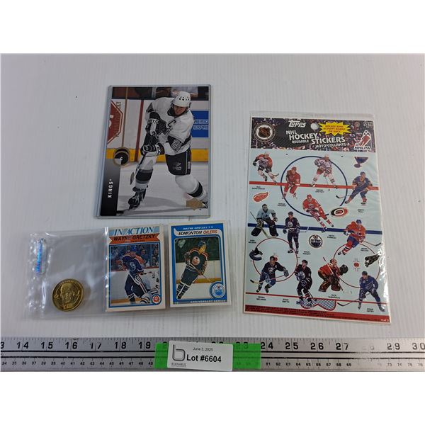 Wayne Gretzky Lot - McDonald's Coin, Oversize Card, Hockey Stickers and Action Cards