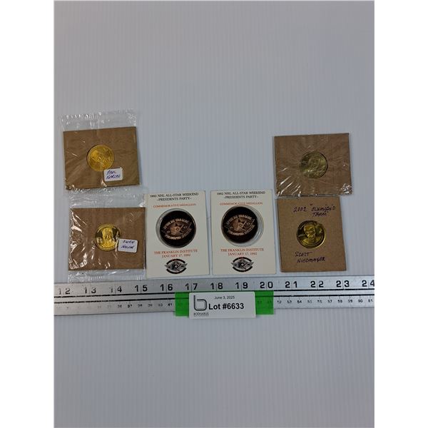(6) Tokens/Coins: Franklin Institute 1992 Tokens (Owen Nolan, Kariya, Neidmayer)