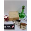 Image 3 : Lot: End Table Vintage Clocks, Green Decanter, "B" Light up Sign, Misc
