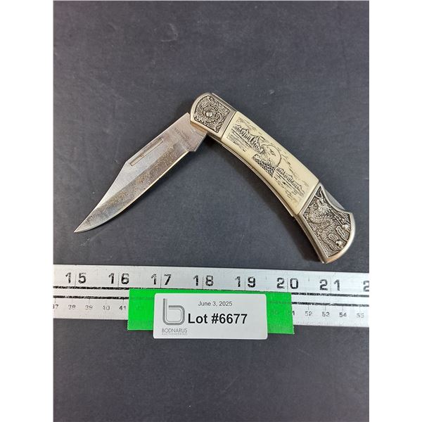 Stainless Steel Folding Knife w/Eagle Carving/Engraving  - Blade is 3.5" Long