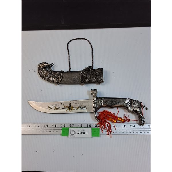 Indonesian Elephant Themed Knife w/Sheath - 7.5" Blade Length