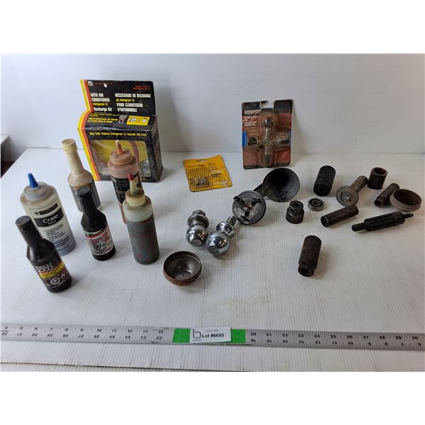 Tool Lot- (2) Ball Hitches, Refrigerant Recharge Kit, Battery Cleaning Tool, MIsc. - Cannot Ship