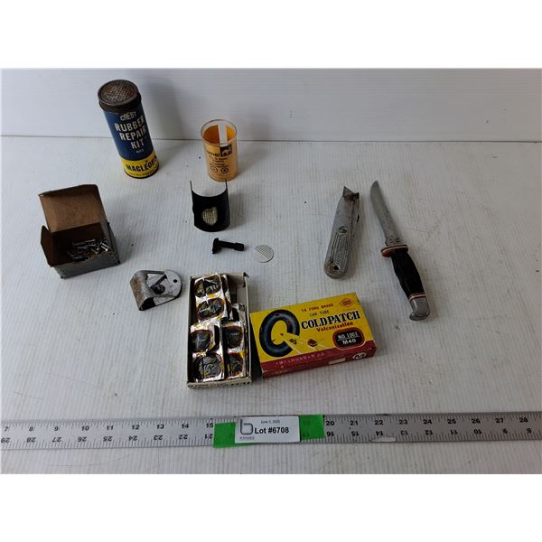 Vintage Lot- Car Tube Patches, (2) Knives, Screws, Misc. As Is