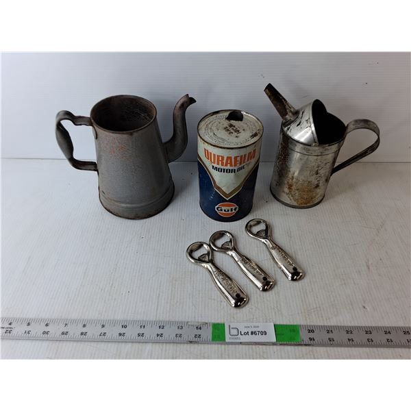 (2) Vintage Watering Cans, Gulf Motor Oil Tin, (3) Bottle Openers