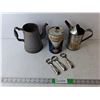 Image 1 : (2) Vintage Watering Cans, Gulf Motor Oil Tin, (3) Bottle Openers