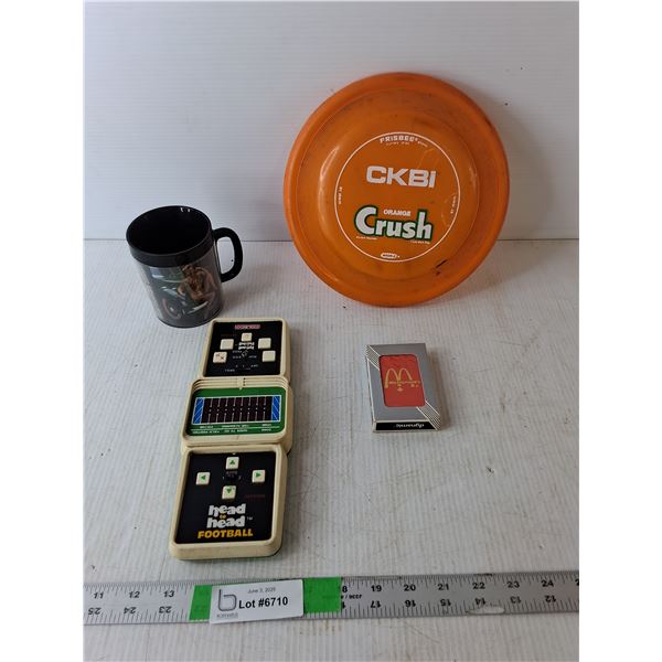 Vintage Lot- Crush Frisbee, McDonald's Playing Cards, Head to Head Football Game- As Is, Snap-On Mug