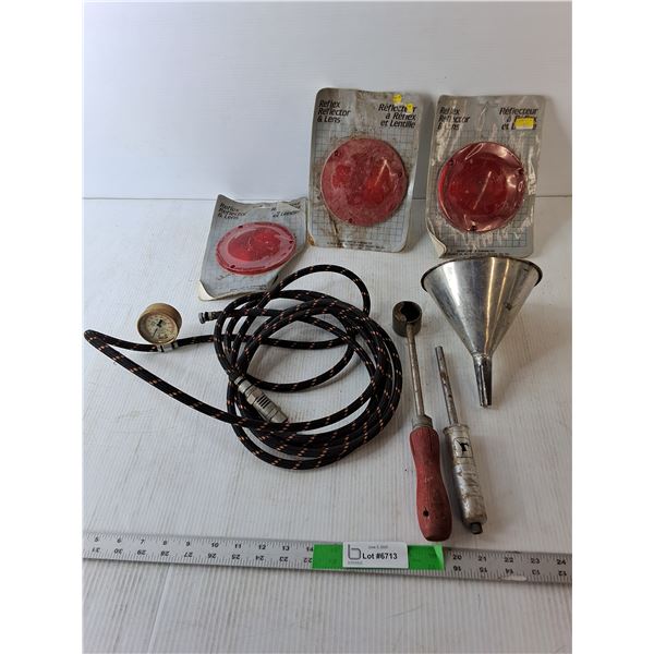 (3) Reflector Lenses, Air Compressor Hose, Funnel, Misc.