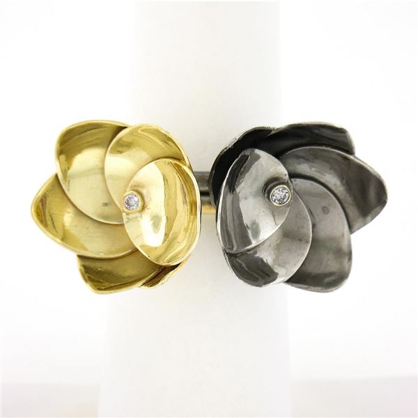 Large 18k Yellow Gold Silver Diamond Handmade Twin Layered Flowers Cocktail Ring