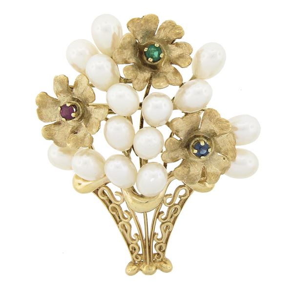 Estate 14k Gold Ruby Emerald Sapphire & Pearl Multi Flower Bouquet Brooch Pin