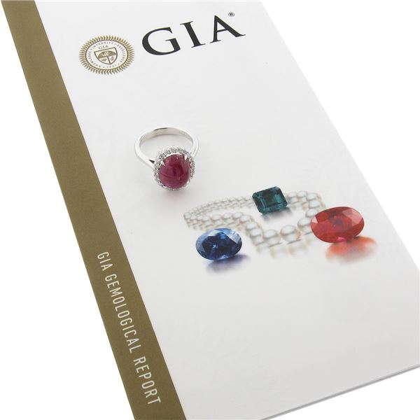 New 14k White Gold 7.9 ctw GIA NO HEAT Oval Cabochon Ruby & Diamond Halo Ring
