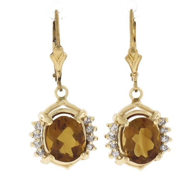 14k Yellow Gold Oval Citrine Solitaire w/ 0.20 ctw Diamond Drop Dangle Earrings