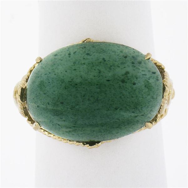 Vintage 14K Gold Oval Cabochon Cut Green Stone Twisted Wire Open Work Band Ring
