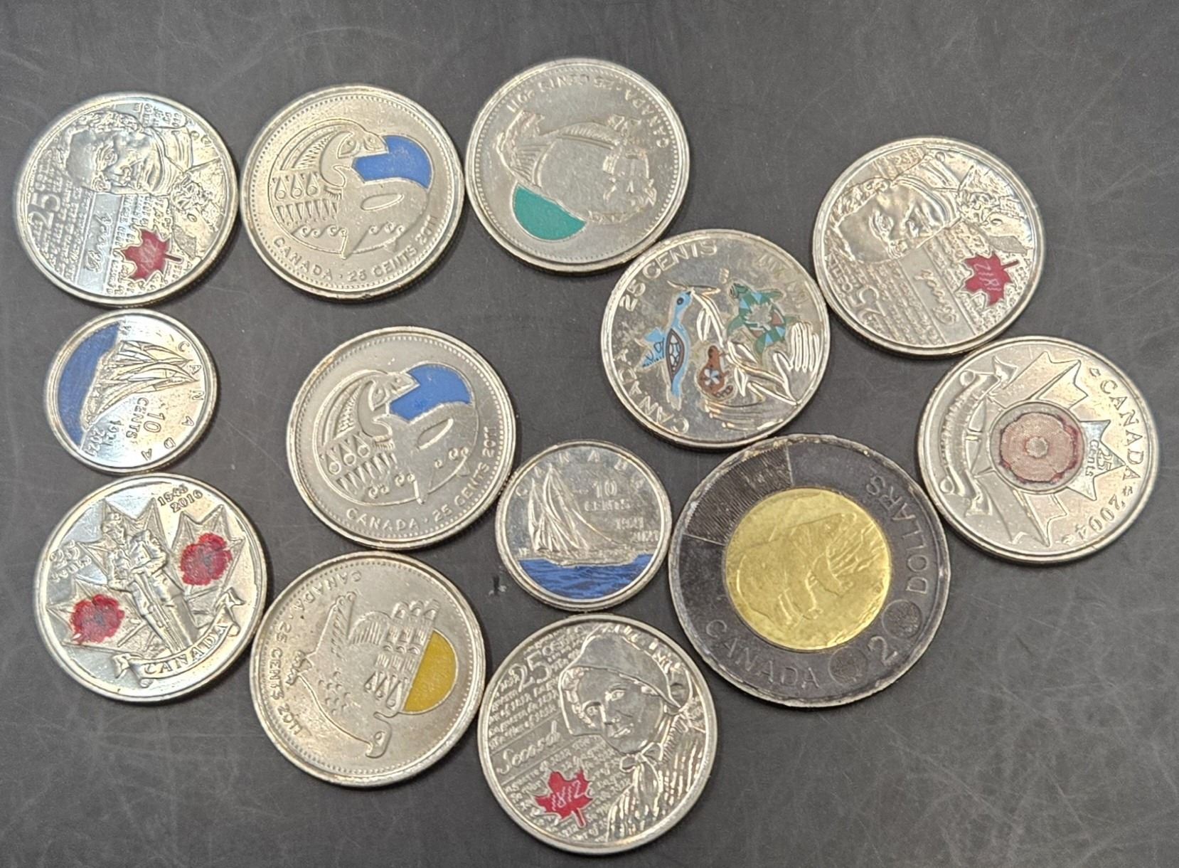 Coin Color Designs Thirteen Canadian Novelty Coins with Color Designs.