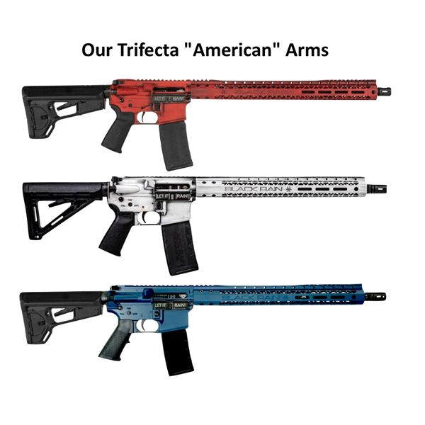 Trifecta of Guns- Red, White, Blue AR's in .223/.556, 300 Blackout and 50 Beowulf