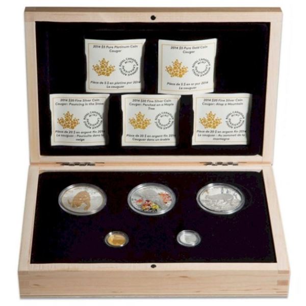 2014 Cougar 5-Coin Pure Gold, Platinum and Silver Set  with Display Case.  Tax Exempt.