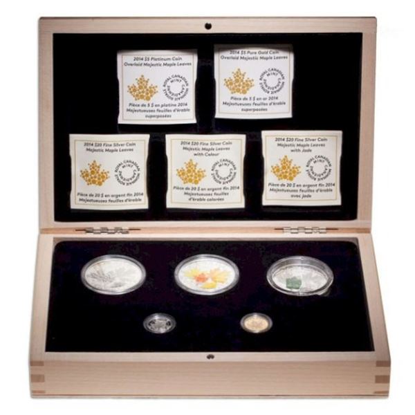 2014 Majestic Maple Leaves - Pure Silver, Gold & Platinum 5-Coin Set with Display Case.  Tax Exempt.