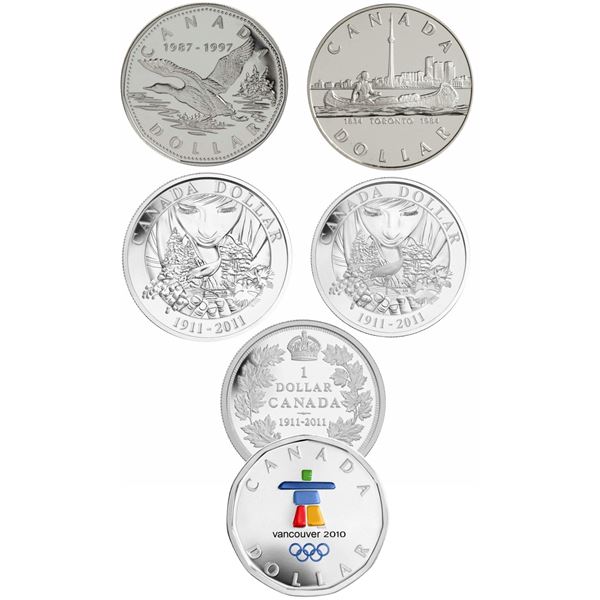 1997 $1 The One Dollar Loon, 10th Anniversary, 1984 $1 Proof, 2010 $1 Lucky Loonie, 2011 $1 The 1911