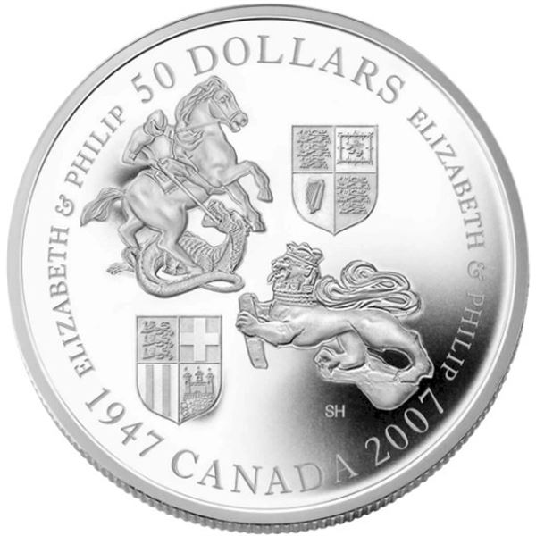 2007 $50 Queen Elizabeth and Prince Philip, 60th Wedding Anniversary - Pure Silver Coin.  Tax Exempt