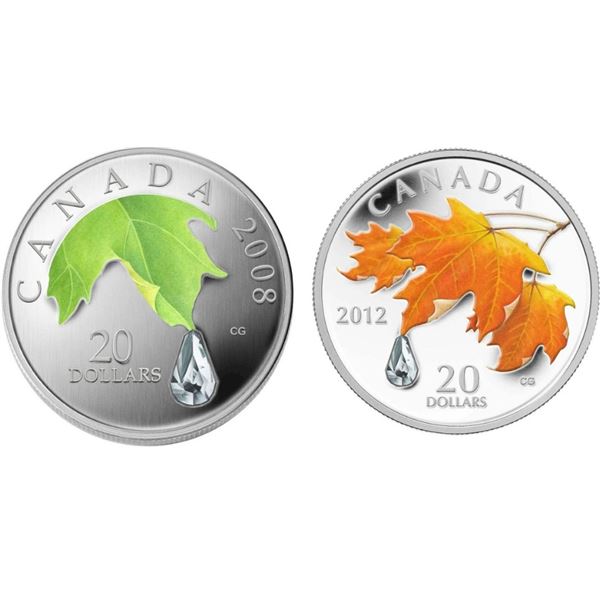 2008 $20 Fine Silver Coin Crystal Raindrop, and 2012 Maple Leaf with Crystal Raindrop.