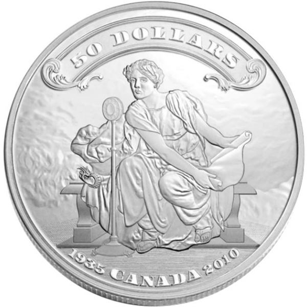 2010 $50 First Bank Notes Issued by the Bank of Canada, 75th Anniversary - Pure Silver Coin.  Tax Ex
