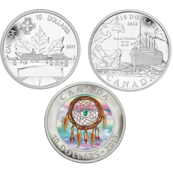 2011 $10 Highway of Heroes, 2012 $10 R.M.S. Titanic & 2013 $10 Dreamcatcher - Lot of 3 Pure Silver C