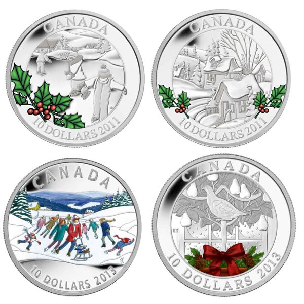 2011 $10 Little Skaters, Wintertown, 2013 $10 Winter Scene & A Partridge in a Pear Tree - Lot of 4 P