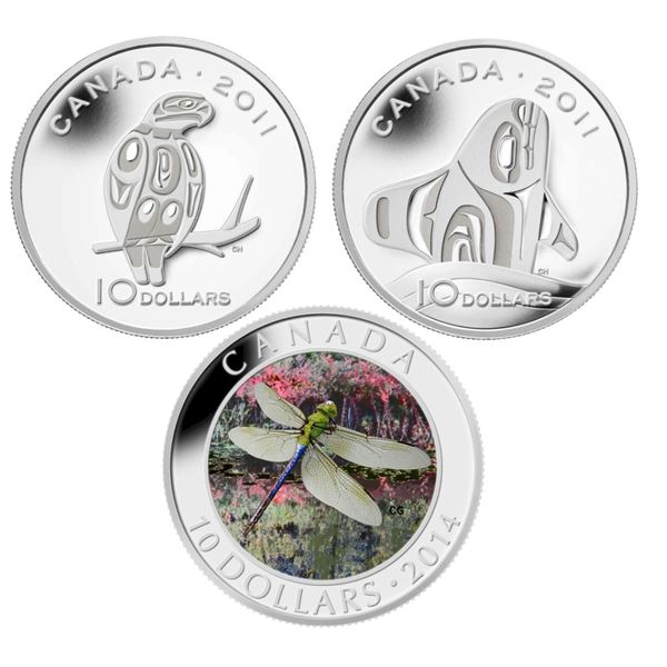2011 $10 Peregrine Falcon, Orca Whale & 2014 $10 Green Darner Dragonfly - Lot of 3 Pure Silver Coins