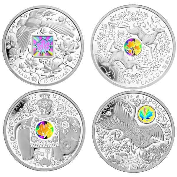 2011 $15 Maple of Happiness, 2012 $15 Maple of Good Fortune, Maple of Peace &  2014 Maple of Longevi