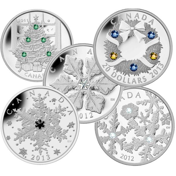 2011 $20 Christmas Tree, 2012 $20 Holiday Snowstorm, Holiday Snowflake with Swarovski Crystal, 2013 