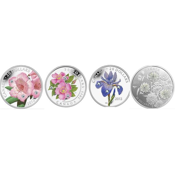 2011 $20 Fine Silver Coin- Rose, 2012 Rhododendron, 2013 Iris versicolor, and 2017 Pearl Flowers, lo